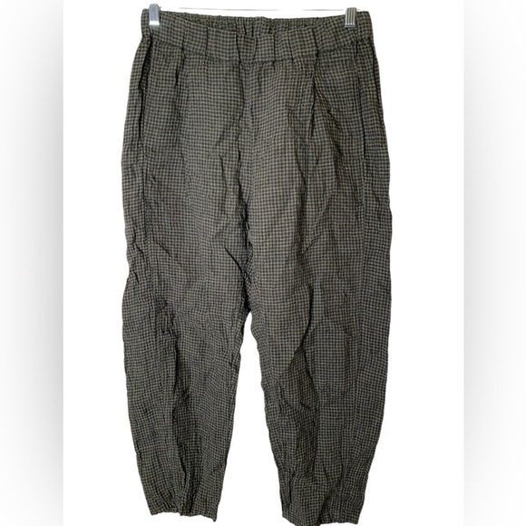 Eileen Fisher Organic Linen Loden Tapered Ankle Pant Size XS Green Black Plaid - Picture 3 of 6
